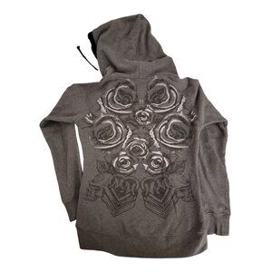 Metal Mulisha Womens Gray Hoodie Sweatshirt V-Neck Skull Graphic Size M